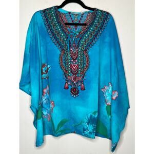 NWT Belle by Kim Gravel Printed V-Neck Lace-Up Poncho SIZE SMALL